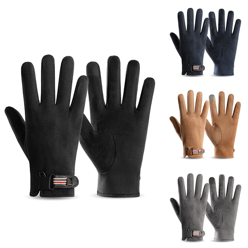 Touch Screen Cycling Gloves Winter Suede Leather Plush Insulation Split Finger Gloves Driving Ski Thickened Gloves Men