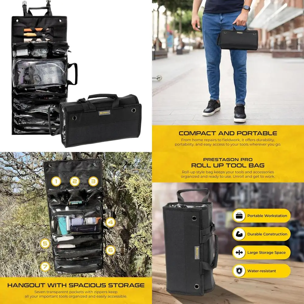 

Durable Roll-Up Tool Bag with Clear Pockets, Zipped Compartments, and Versatile Carrying Options