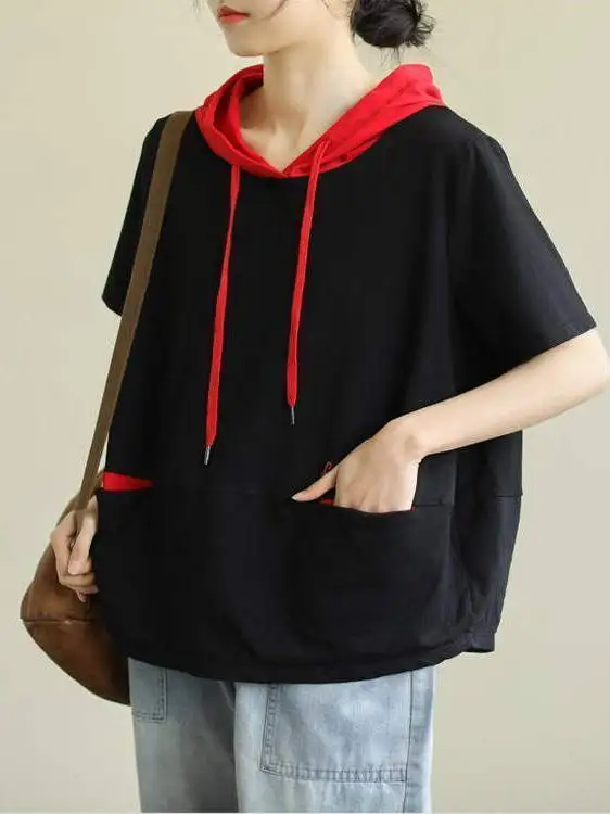 تي شيرت نسائي قطني فضفاض بأكمام قصيرة على الطراز الكوري، قلنسوة مرقعة بألوان متعددة، وصل حديثًا، بلوزة غير رسمية