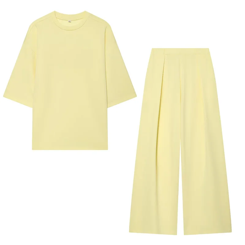 

Women's Suit 2026 Summer New Style Yellow Short-Sleeve Round-Neck Loose Split T-Shirt and Pants Set Casual Fashion Lazy Personal