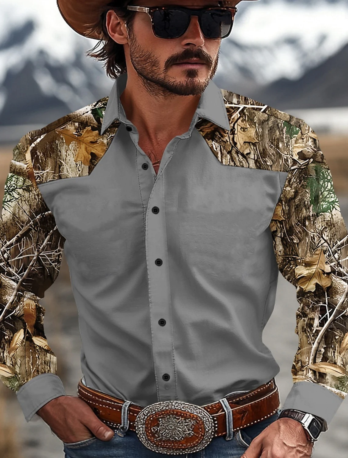 Men\'s Camouflage Western Shirt Denim Shirt Long Sleeve Western Casual Outdoor Spring and Autumn Lapel Black Brown Green Khaki