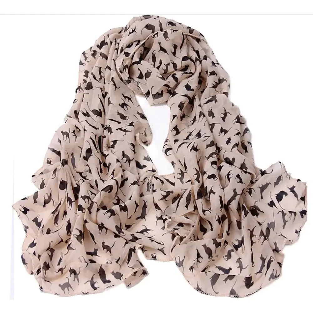 Bufanda de gasa a la moda para mujer y niña, regalo de marca de lujo, diseño de gato de dibujos animados, bufanda estampada con grafiti, chal de gatito