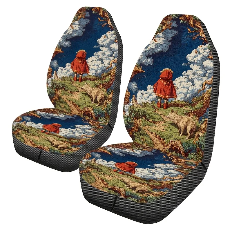 Two Little Red Riding Hood And Wolf Printed Car Seat Covers, Easy To Clean, Unisex Front Seat Protectors For Cars, Stylish Autom