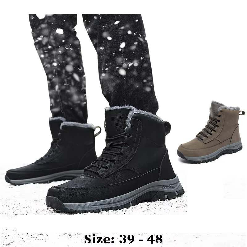 

High quality ankle length leather snow boots for men size 47 48 new 2025 winter outdoor hiking mountain shoe black khaki