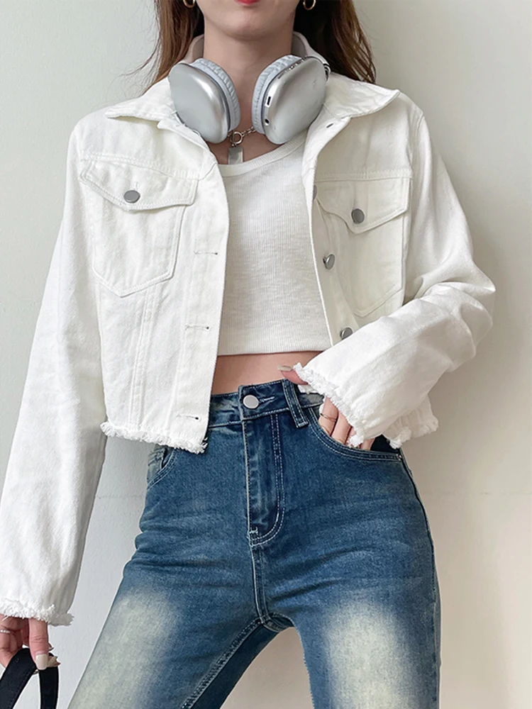 Y2K Denim Cropped Jacket Coat Women's Vintage Denim Jacket Casual Long Boyfriend Distresse Jean Jacket Autumn Spring 2024 New