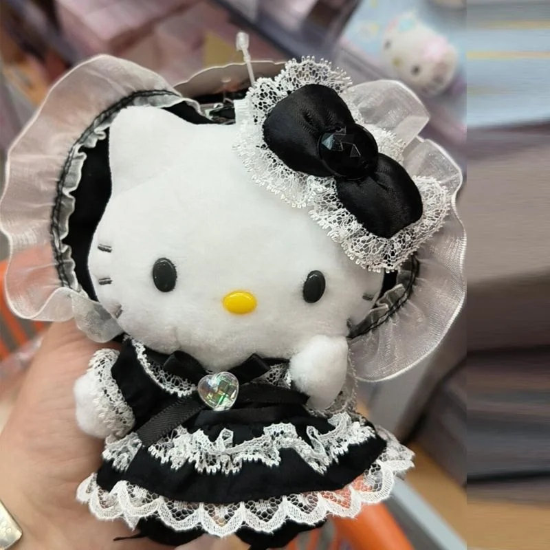 Sanrio hello kitty morango rosa preto renda lolita empregada roupa arco coração forma fivela chaveiro mochila zíper acessório presente