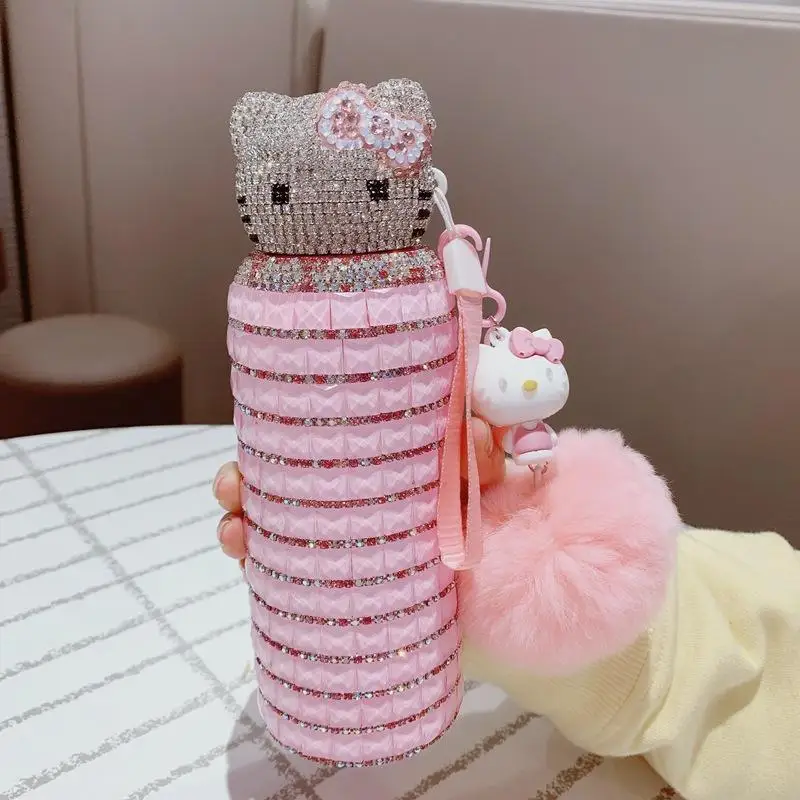 Kawaii Sanrioed Hello Kitty 304 Thermos Cup Cartoon Anime Car Water Cup Covered with Diamonds Cup Cute Girlfriend Festival Gift