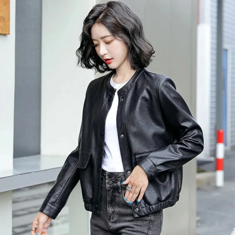 Black Stand collar Fashion Short leather Jacket For women 2025 Spring Autumn New Korean version Motorcycle leather Jackets