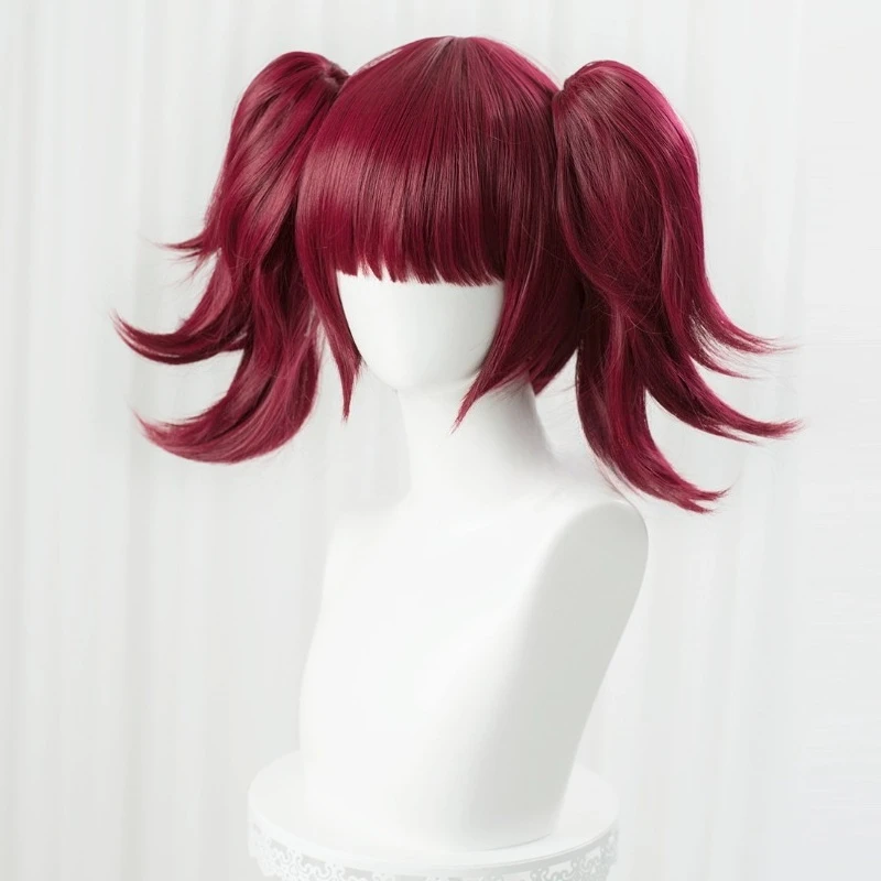 Anime Black Butler Mey Rin Cosplay Wig Wine Red Double Tail Heat Resistant Synthetic Hair Party Role Play Wigs + Wig Cap