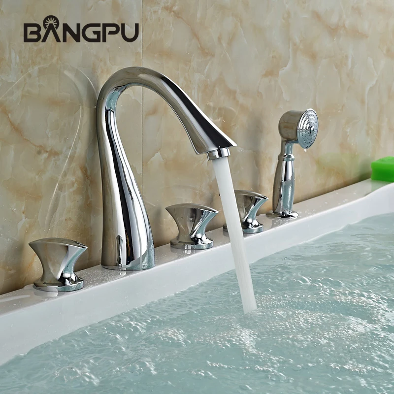 

5 Hole Bathroom Tub Faucet Kit Roman Bath Tub Faucet Set with Hand Shower Deck Mount Bathtub Faucet Set with Handheld Shower