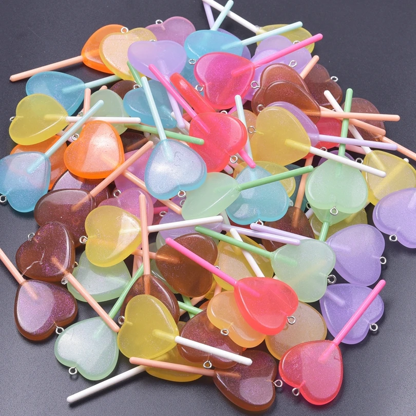 30/50/100pcs New Heart Lollipop Charms Colorful Resin Pendant For Jewelry Making Diy Earring Keychain Handmade Craft Accessories