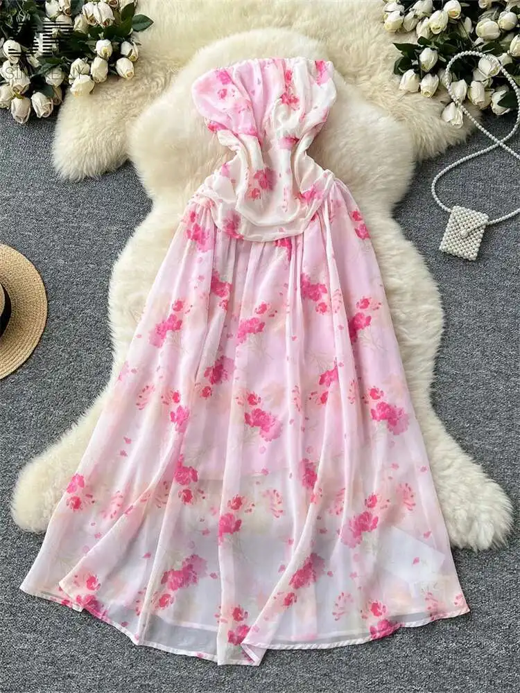 BabYoung Floral Vacation Chiffon Dress Sleeveless Strapless Zipper Design French Sundress Summer Beach Sexy Print Dresses