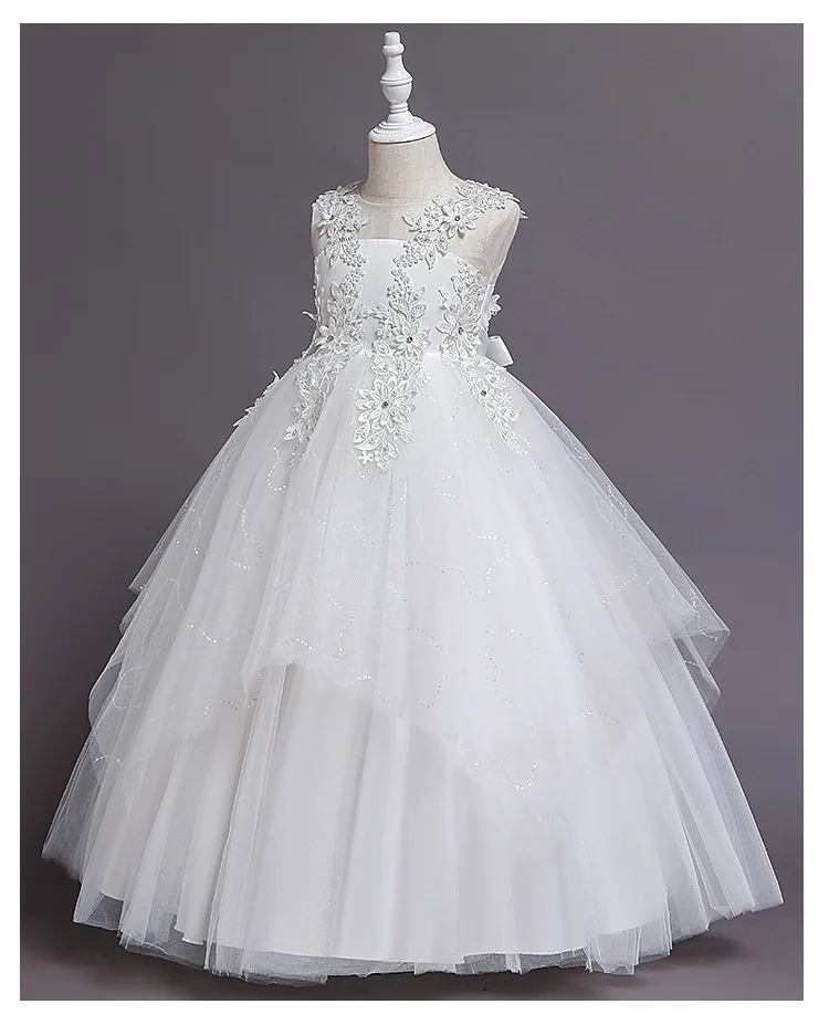 Girls' Bridesmaid Wedding Dress Young Girl Elegant Party Dresses Children White Clothing 4 to 12T