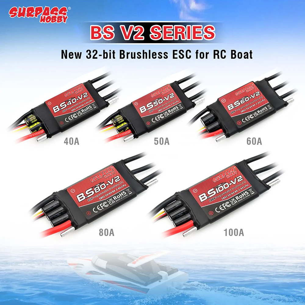 SURPASS HOBBY Boat Brushless ESC BS-V2 Series 40A 50A 60A 80A 100A Waterproof ESC 32-bit 5V/6V BEC Speed Controller For RC Boat