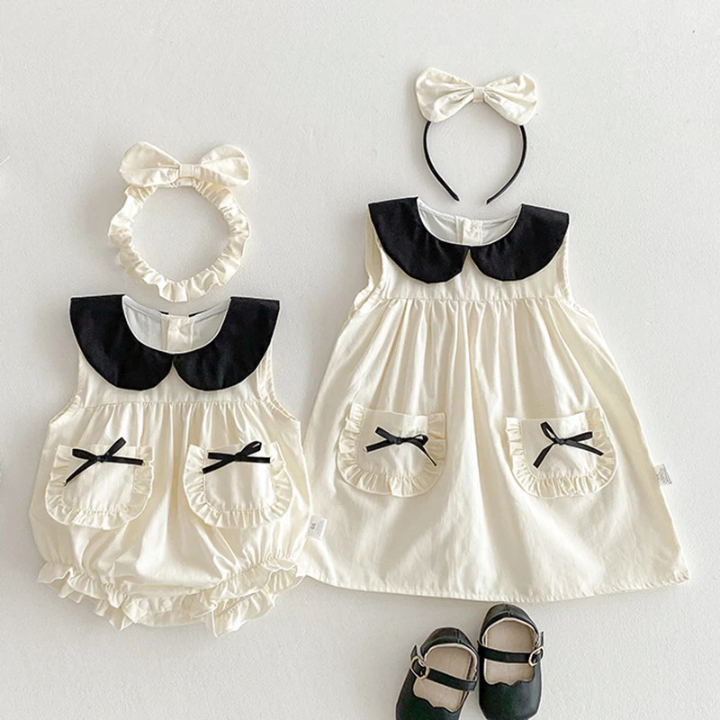 

2025 New Summer Sister Clothing 2-7Yrs Baby Girl Party Dress Kids Princess Dresses Sleeveless Cotton Splicing Infant Baby Romper