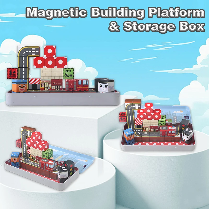 35個入り 道路テーマ マグネット式 積み木 マグネットキューブ ポータブル鉄製ボックス付き STEM感覚玩具 旅行用おもちゃ 子供向け クリスマスプレゼント