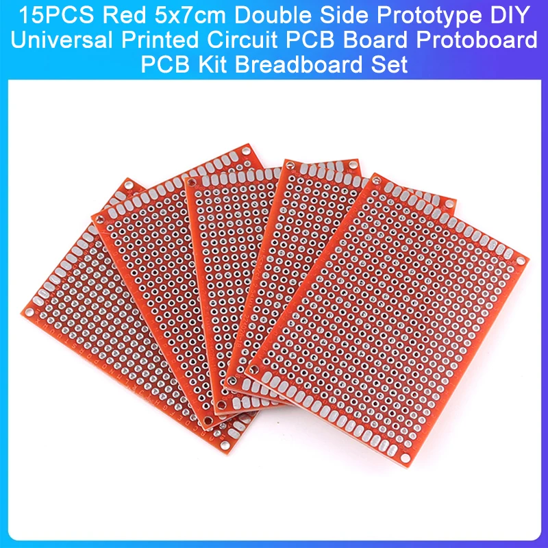 Red Double Side Prototype PCB Kit, Circuito Impresso Universal DIY, Conjunto Breadboard, 5x7cm, 15Pcs