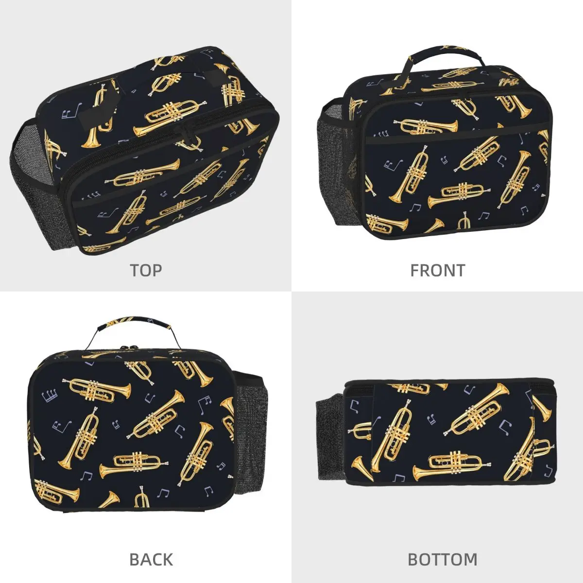 Gold Trumpet On Black Insulated Lunch Bag for Women Children Portable Food Boxes Thermal Lunch Box Tote