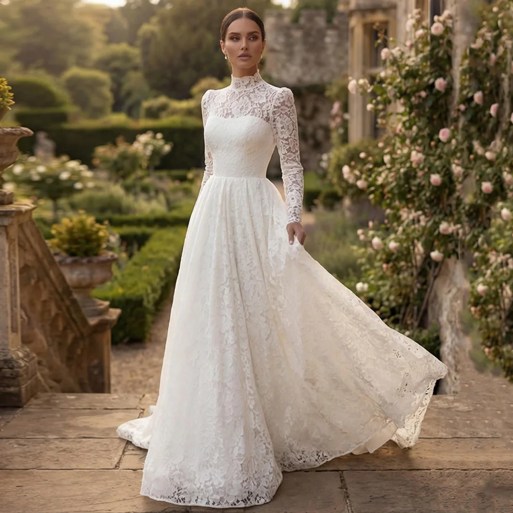 فستان زفاف عربي مخصص بأكمام طويلة ورقبة عالية دانتيل رائع سويب تراين فستان زفاف على شكل حرف A فيستدو دي نويفا