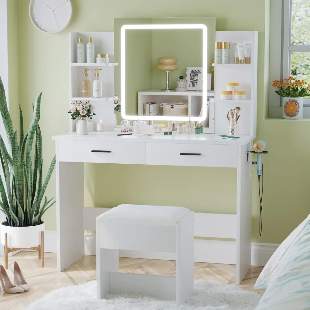 

Makeup Vanity Desk with Mirror and Lights, 3-Colour with HD Mirror and Brighter Lights, Vanity Table with Large Drawers and Tier