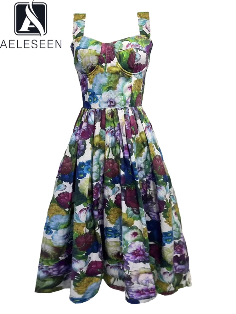 

AELESEEN High Qaulity Women's Summer 100% Cotton Dress Sicilian Spaghetti Strap Padded Back Elastic Flower Print Elegant Party