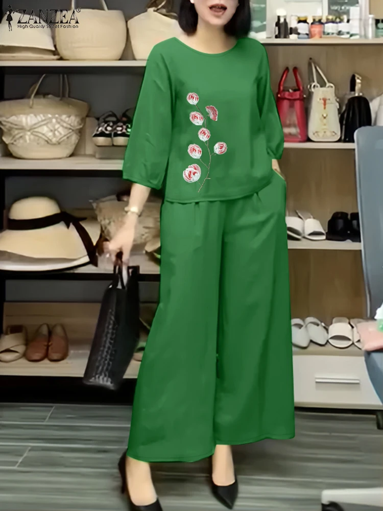 

ZANZEA Floral Embroidery 3/4 Sleeve Blouses Commute Pant Sets Wide Leg Pants Casual Woman Day Wear 2pcs Outfits 2 Pieces Sets
