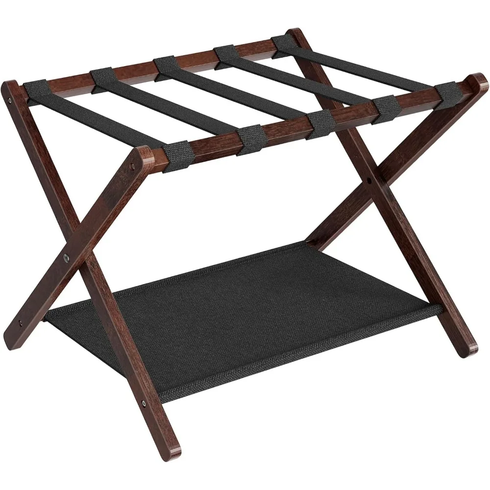 

Folding Bamboo Luggage Rack with Nylon Straps and Shelf for Bedroom Storage, Brown Black