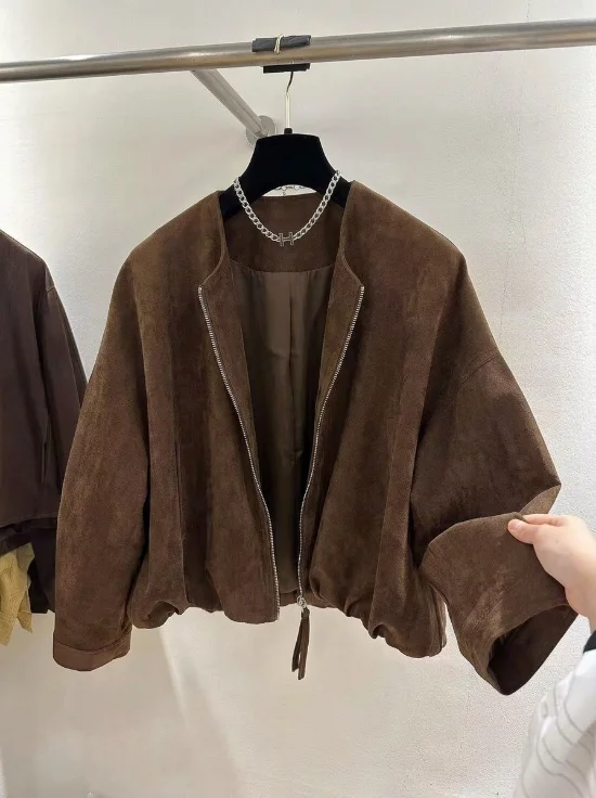 High-End European-Style Autumn New Loose-Fitting Slimming Retro Suede Round-Neck Zip-Up Jacket Stylish Top for Women