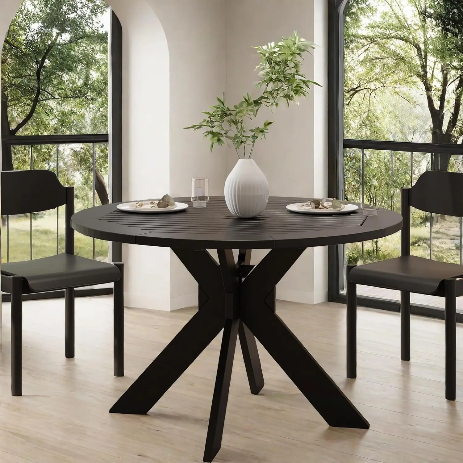 Round Dinning Table Morden Kitchen Table for 2 Kitchen & Dining Room Tables Acacia Wood Dining Table with X Shape Metal Legs