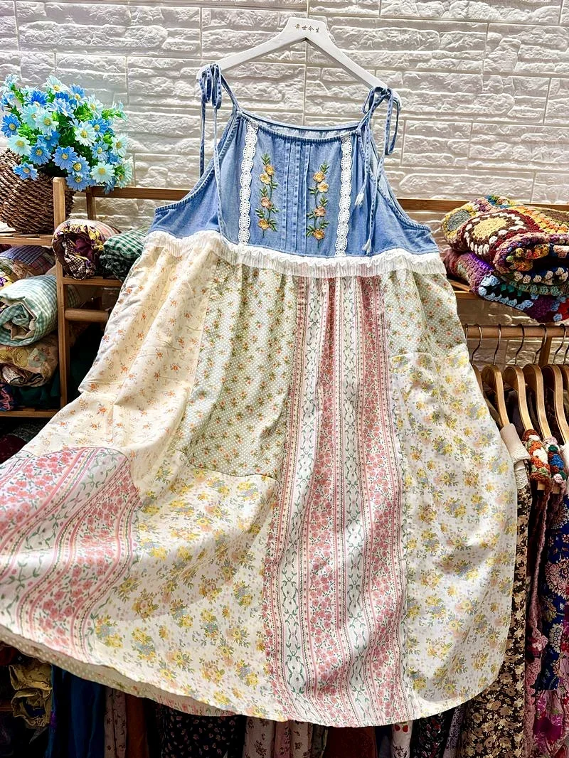 Sommer Vintage Denim Patchwork Midi Langes Kleid Strand Cottagecore Boho Bohemian Gypsy Hippie Ibiza Ärmelloses Mori Mädchen Kleid