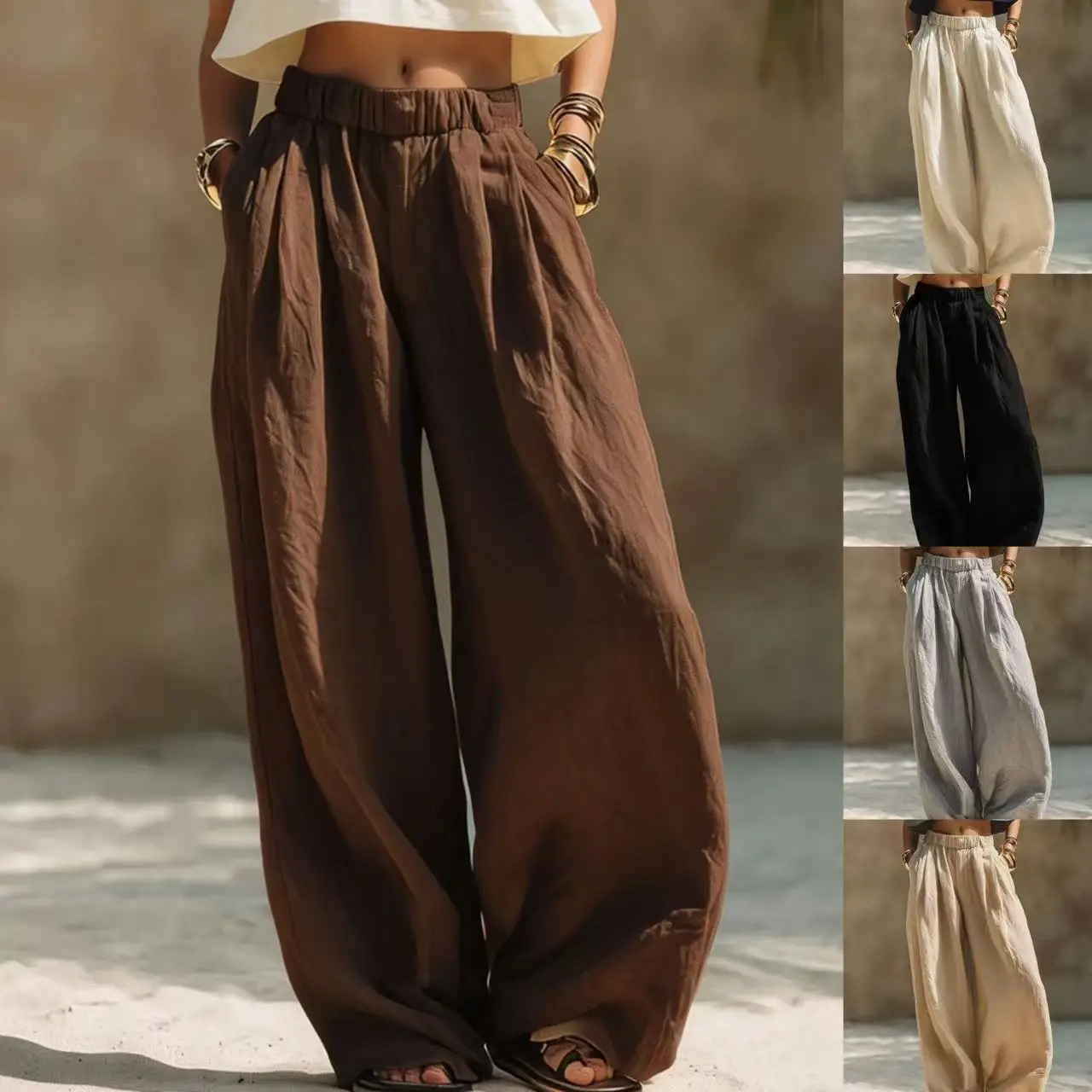 Women Vintage Solid Color Elastic Waist Wide Leg Pants With Pockets Loose Casual Summer Long Trousers Multi Colors