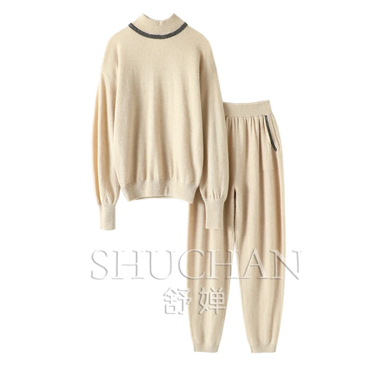 Half High Collar Sweater Women's Pure Cashmere Sweater Knitted Pants Cashmere Suit Two Piece Sets Womens Outifits