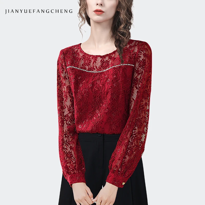 Fashion Women Crew-neck Red Lace Blouse Long Sleeve Hook Flower Hollow Beaded Shirt Loose Plus Size Ladies Casual Top Shirts