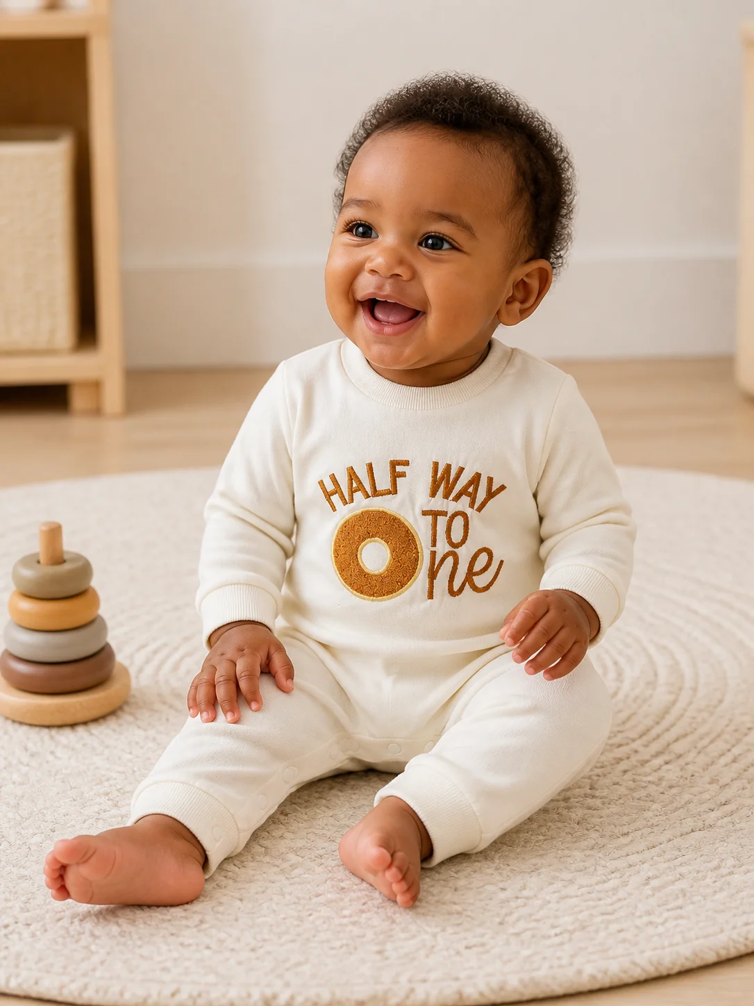 Baby Half Birthday Romper Jumpsuit Long Sleeve Crew Neck Donut Embroidery Snap Crotch Infant One‑Piece Outfit For 3‑12M 4