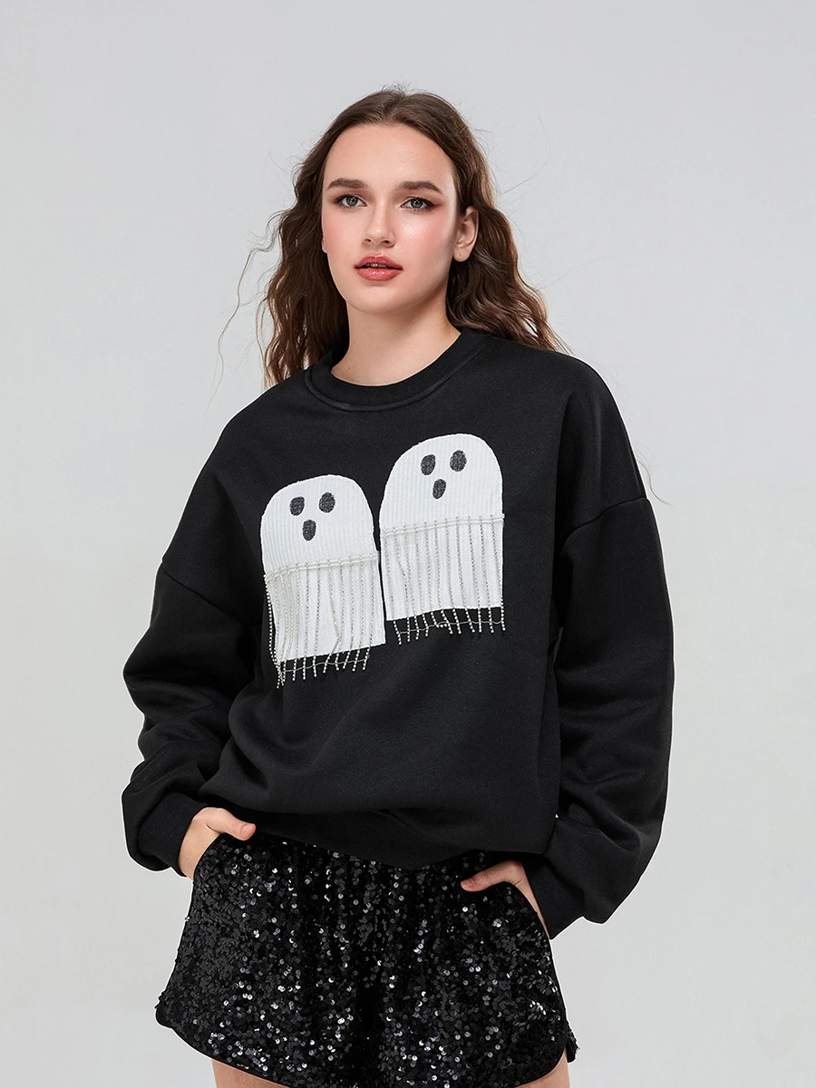 Moletom feminino com capuz de Halloween manga comprida gola redonda fantasma com borla pulôver outono tops