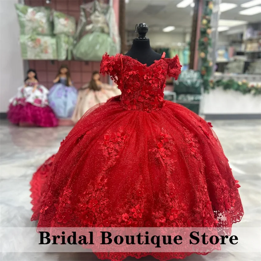 

Luxury Flower Girl Dress Red Tulle Fluffy Appliqué Wedding Kids Birthday Party Toddlers Princess Pageant Customized Ball Gown