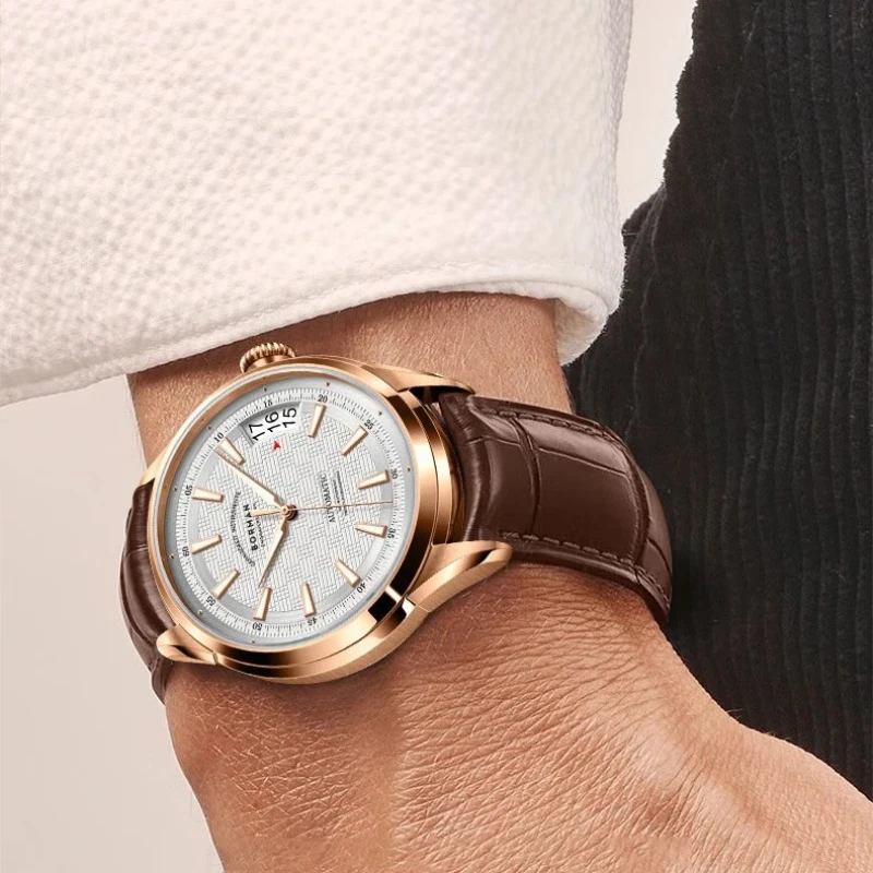 NewBORMAN Men Automatic Watch Luxury 42.5mm Mechanical Wristwatch 50M Waterproof Sapphire Mirror Grid Dial Luminous Date Windows