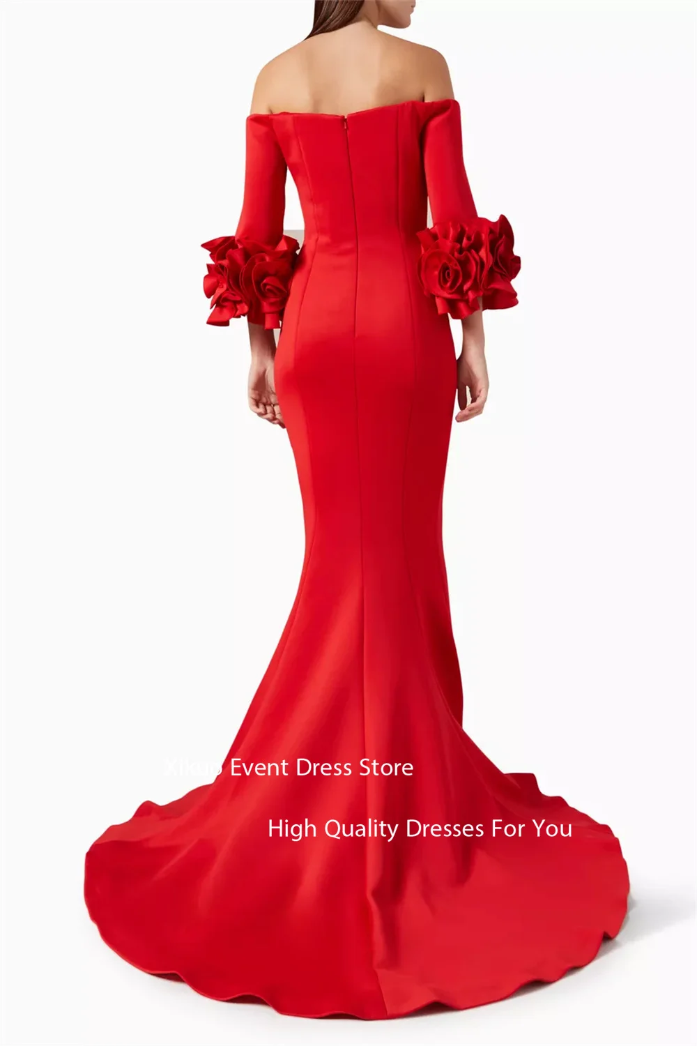 Xikuo Abendkleid aus rotem Satin mit drapierter Schleppe, schulterfrei, Robe de Soirée, gerüschte Blumenärmel, formelle Partykleider, individuell gestaltet