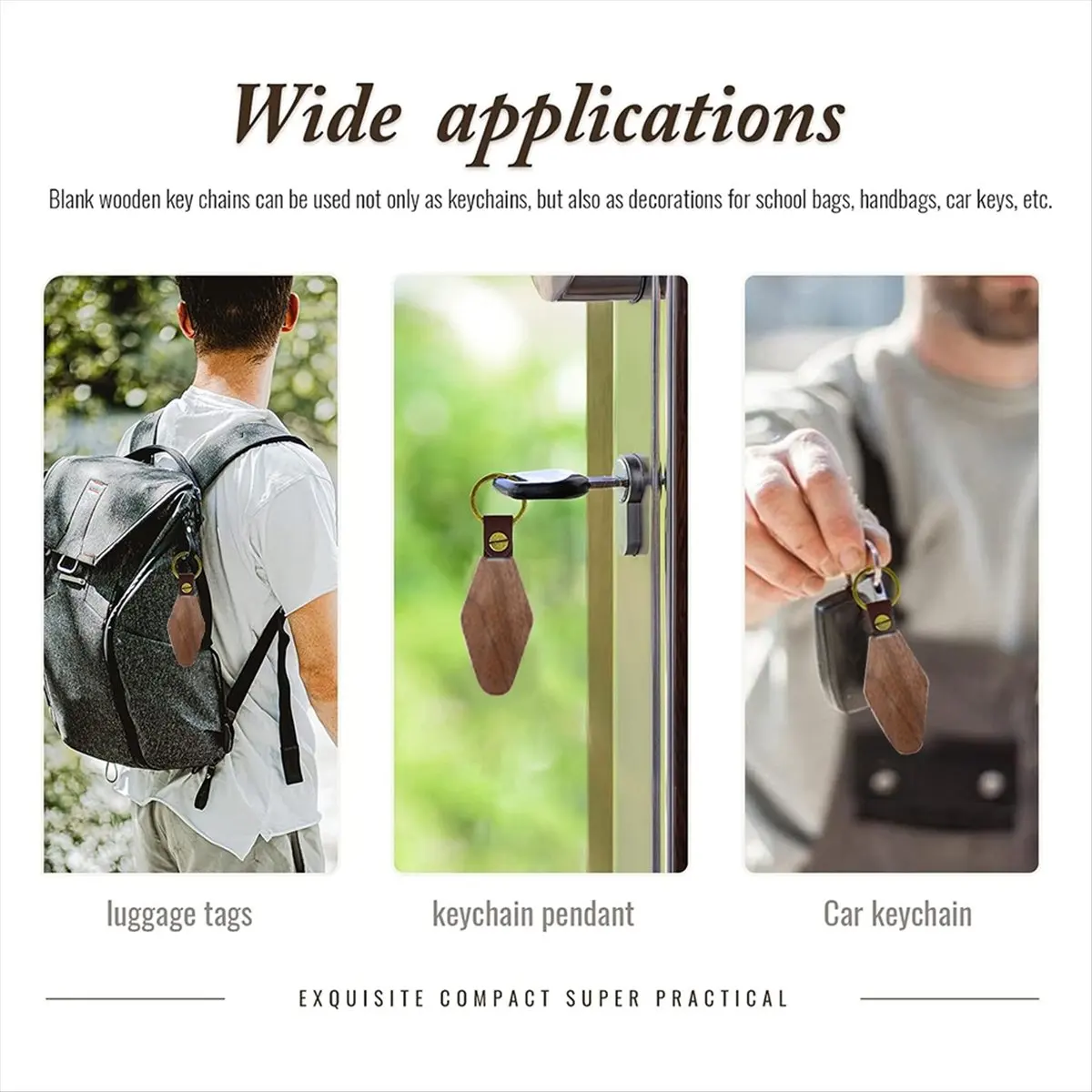 A77K 20Packs Wooden Keychain Rhombus Blanks Leather Keychain Blank Wood Walnut with Keyring for DIY Engraving Gift