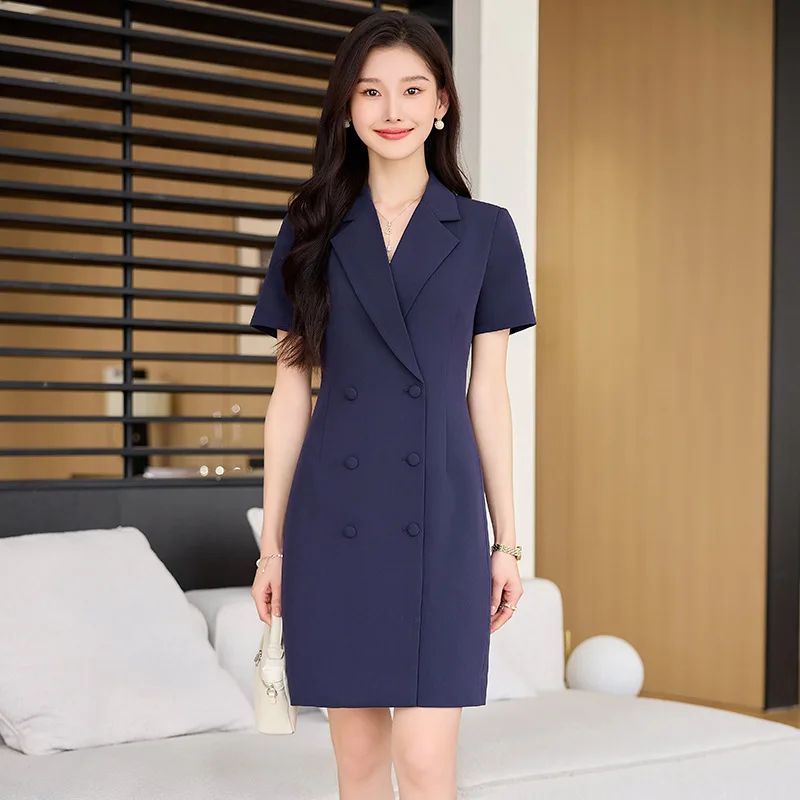 Navy Blue Short Sleeve Business Suit Dress Women's New Summer Slimming Jewelry Store Sales Department Host Work Clothes