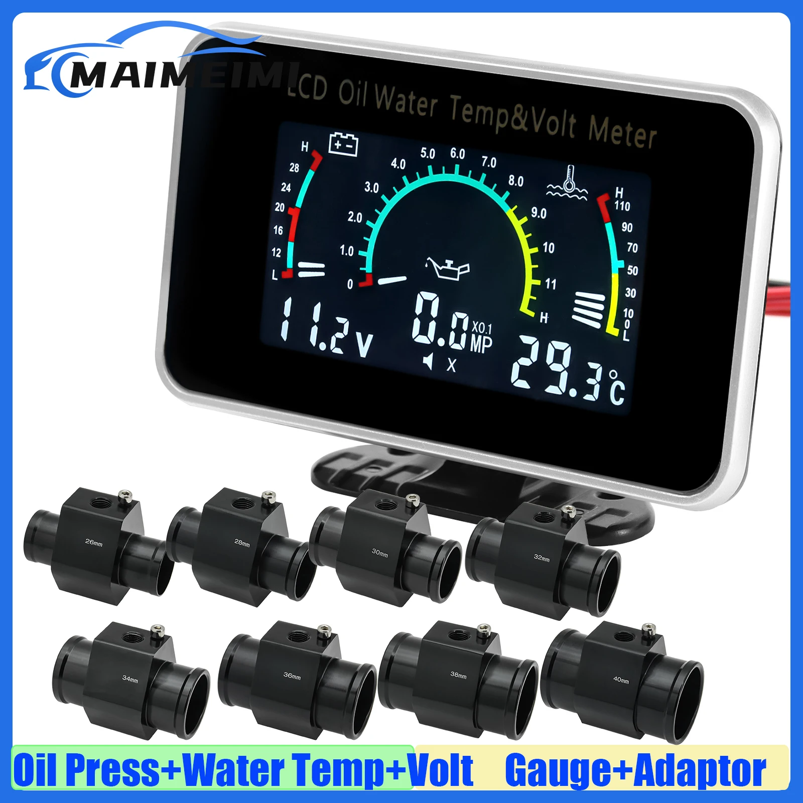 

Oil Pressure+Voltmeter+Water Temp Gauge with Sensor Radiator Temperature Water Temp Joint Pipe Sensor 26MM-40MM Hose Adapter