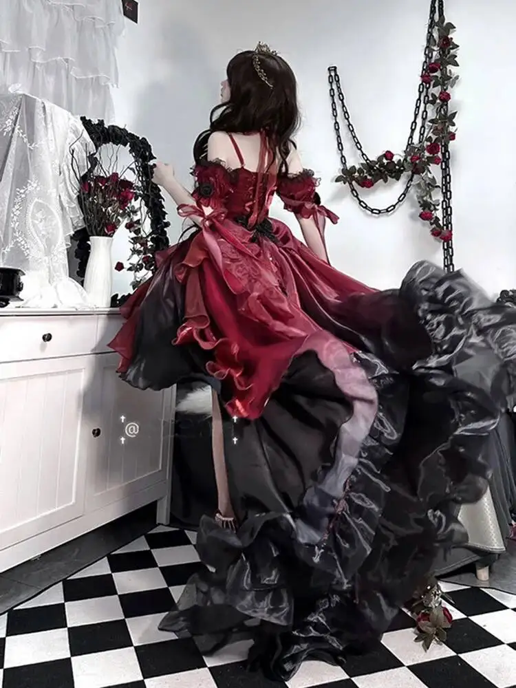 Dark Bride Red Flower Wedding Dress Cos Lolita Dress Op Dress Lolita Heavy Industry Trail Puffy Princess Dress, Lolita Cosplay