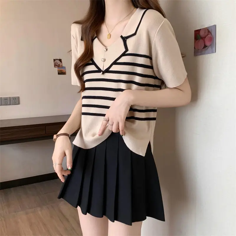 Women\'s 2024 Summer Turndown Collar Patchwork Stripes Embroided Flares Fashion Elegant Slim Fit Casual Short Sleeve Sweaters