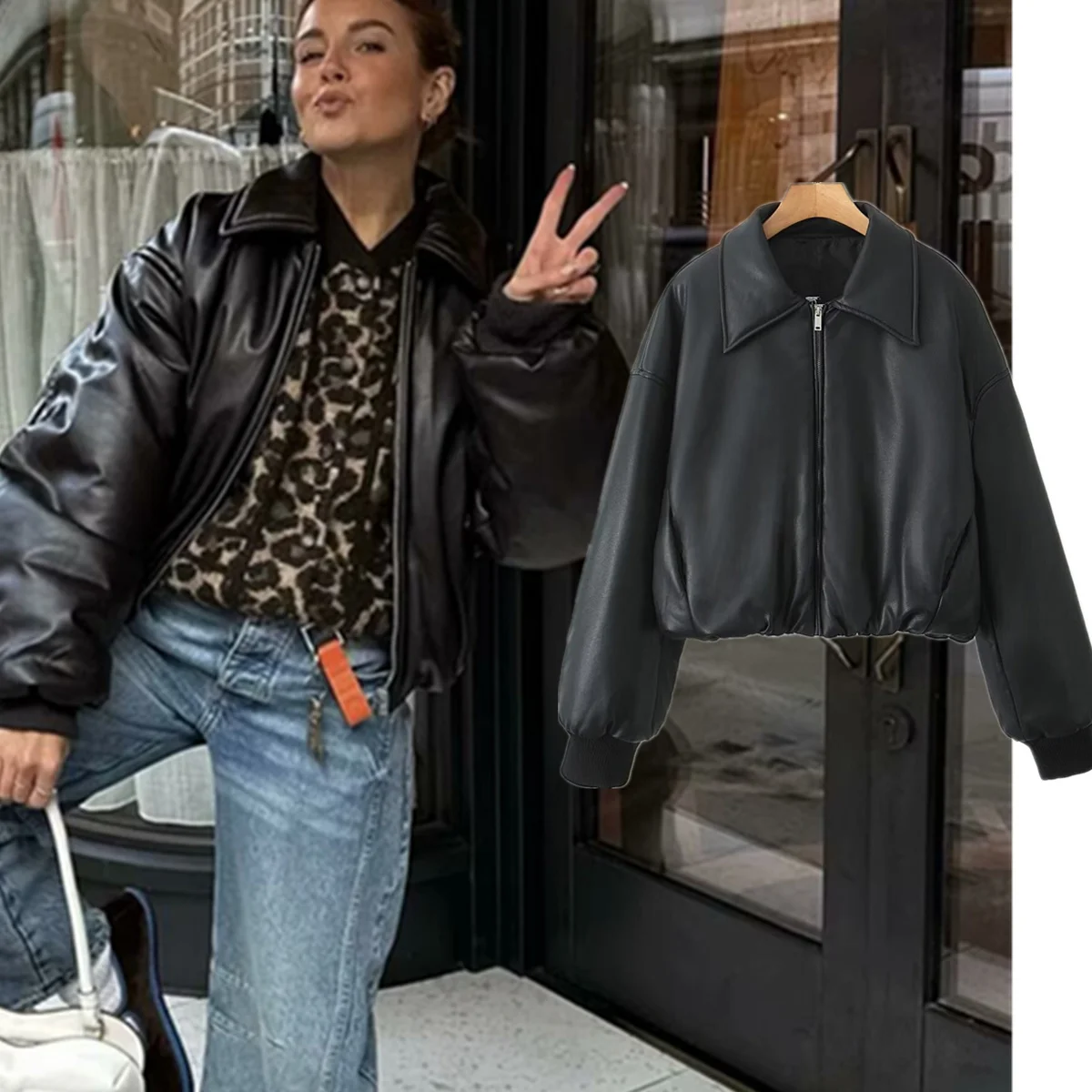 

Dave&Di Autumn And Winter Women's Minimalist Protein Leather Jacket Vintage Boyfriend Style Loose Parka Jacket Coat Women