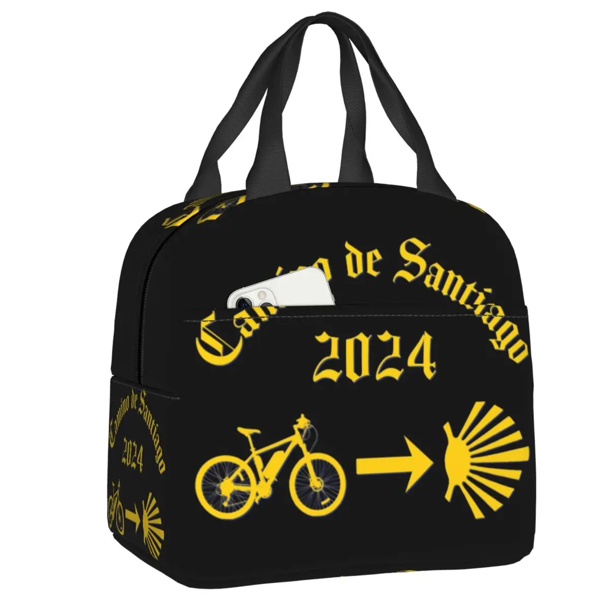 Custom Camino De Santiago Resuable Lunch Box Leakproof Bicycle Yellow Arrow Scallop Shell Cooler Thermal Food Lunch Bag