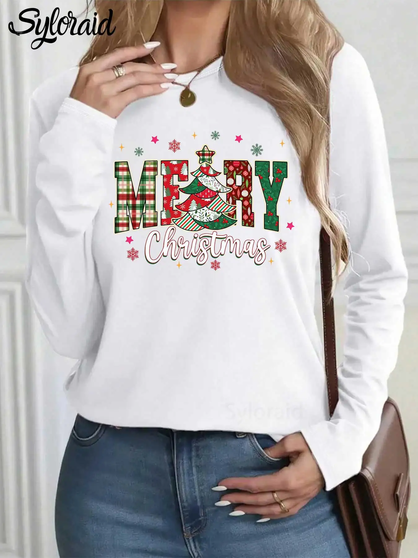 

Women's Long Sleeve T Shirt Merry Christmas Tree Snowflake Print T Shirt Fashion Round Neck Casual Top