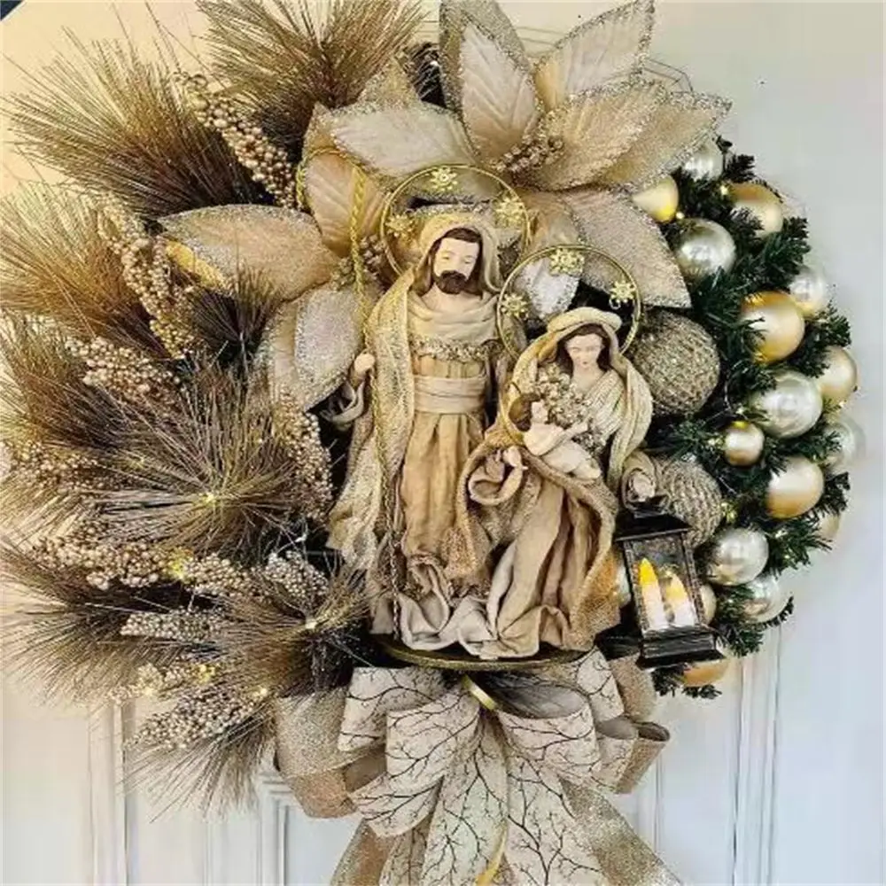 السنة جارلاند شجرة عيد الميلاد إكليل الباب الأمامي مع أضواء عيد الميلاد المقدس إكليل الباب حلي معلقة يسوع جدار الزينة