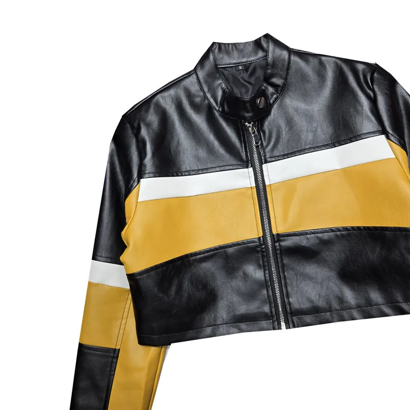 HKSH Spring Autumn New Women Short Leather Jacket Contrast Color Patchwork Moto Biker Zipper Baseball Coat Tide Tops Ins HK12773