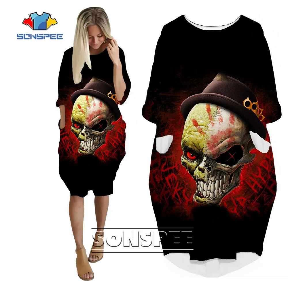 SONSPEE 2022 New Arrival Skull Body Skeleton Women's Dress Cool Amazing Designs Custom Casual Loose Long Sleeve Pocket Skirt