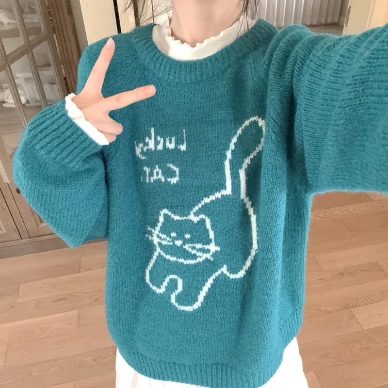 

Винтажные свитера женские, зима 2025 года, свободные теплые вязаные пуловеры с рисунком кота Kawaii для милых девочек